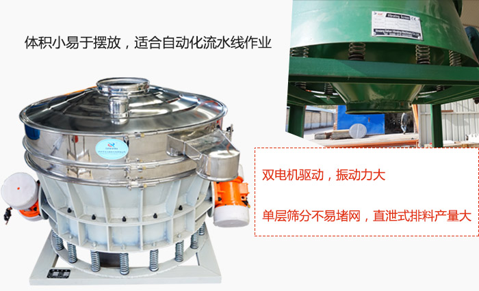 雙電機驅動，振動力大，單層篩分不易堵網(wǎng)，直泄式排料產量大