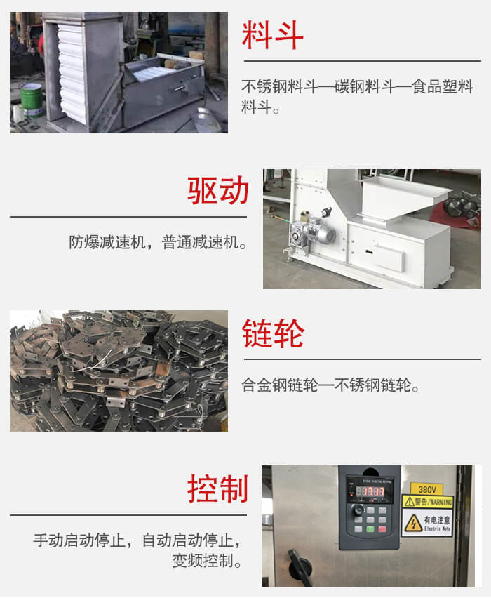 z型斗式提升機(jī)料斗：不銹鋼料斗-碳鋼料斗-食品塑料料斗。驅(qū)動(dòng)裝置采用的式防爆減速機(jī)，普通減速機(jī)兩種。鏈輪采用合金鏈輪-不銹鋼鏈輪控制器：手動(dòng)啟動(dòng)/停止，以及自動(dòng)啟動(dòng)停止。
