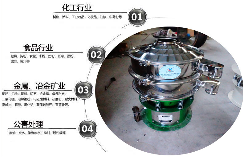 面粉振動篩粉機(jī)適用于化工，食品，金屬、冶金，公害處理等行業(yè)