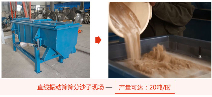 直線振動(dòng)篩篩分沙子現(xiàn)場(chǎng)展示，產(chǎn)量高達(dá)20噸每小時(shí)。