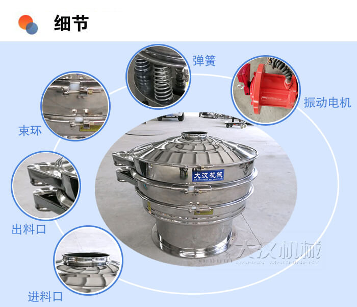 醫(yī)藥振動(dòng)篩細(xì)節(jié)：彈簧，振動(dòng)電機(jī)，束環(huán)，出料口，進(jìn)料口等。