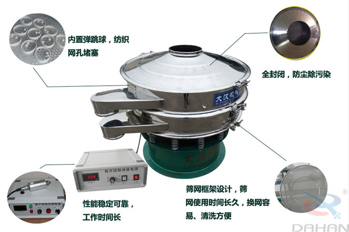 超聲波振動(dòng)篩特點(diǎn)：內(nèi)置彈跳球網(wǎng)孔堵塞，全封閉，防塵除污染，性能穩(wěn)定可靠工作時(shí)間長(zhǎng)，篩網(wǎng)架設(shè)計(jì)，篩網(wǎng)使用時(shí)間長(zhǎng)久，換網(wǎng)容易，清洗方便。