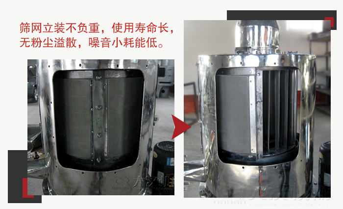 氣流篩采用立式篩網(wǎng)，不受物料的沖擊力的影響，篩網(wǎng)使用壽命長(zhǎng)