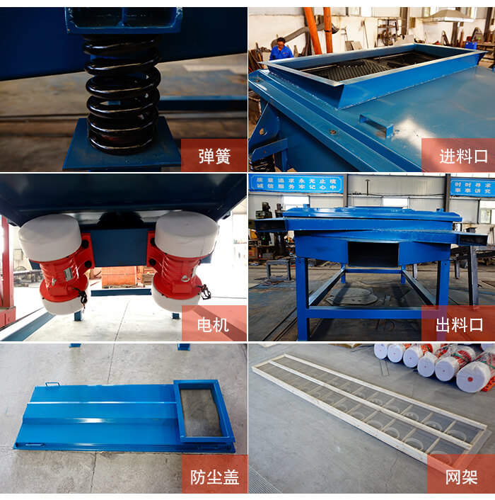 1035直線振動篩細節(jié)展示：出料口，振動彈簧，振動電機，進料口。