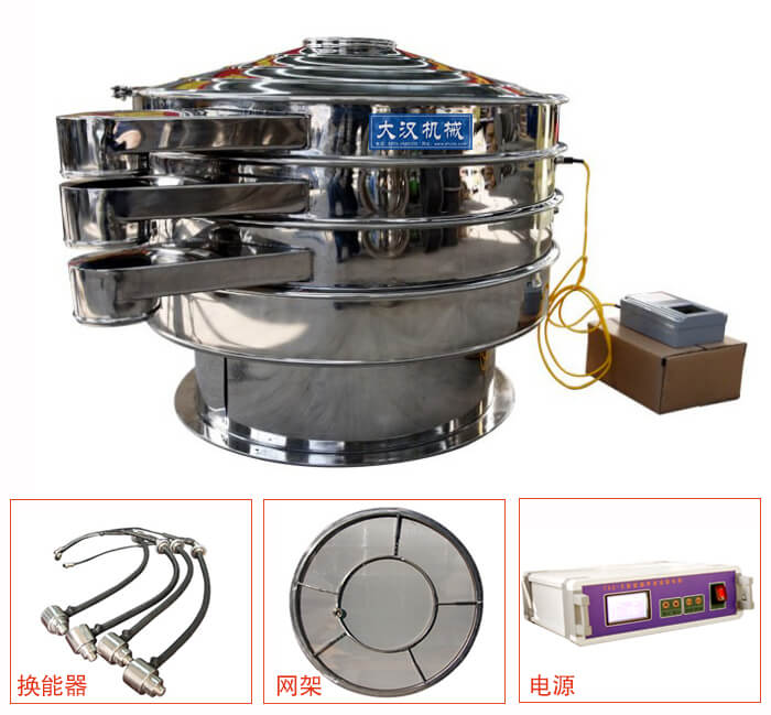  全不銹鋼超聲波振動篩內(nèi)部組成：換能器，網(wǎng)架，電源。