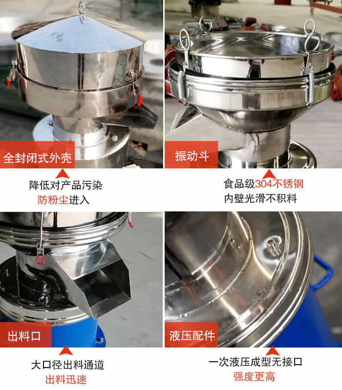 450過濾篩機結(jié)構(gòu)組成：全封閉式外殼設計：對產(chǎn)品的污染低，防塵粉進入電機內(nèi)部延長設備壽命。振動斗：食品304不銹鋼篩斗，內(nèi)壁光滑不存在積料現(xiàn)象。出料口，大口徑出料通道，出料迅速，提高工作效率。液壓配件：一次液壓成型無接口強度更高。
