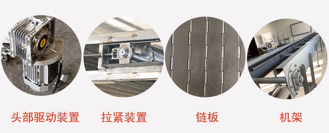 鏈板輸送機(jī)結(jié)構(gòu)：頭部驅(qū)動(dòng)裝置，拉緊裝置，鏈板，機(jī)架等圖片展示