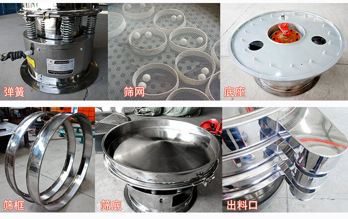 細(xì)節(jié)展示：篩框，篩網(wǎng)，振動(dòng)底座，振動(dòng)體，出料口。